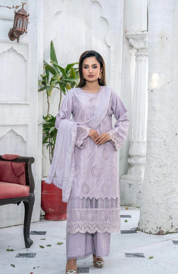 Dusty Lilac Embroidered Plazoo Linen Mother & Daughter Ready to Wear Collection - Perfect for Family