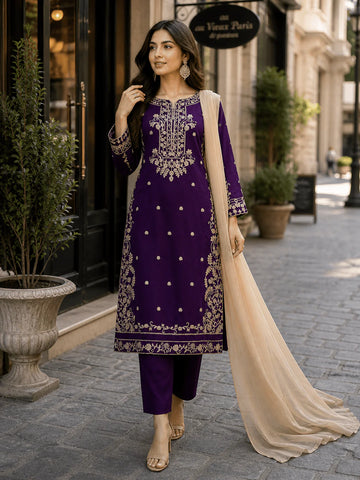 PLUM WITH SKIN EMBROIDERY| LINEN READY TO WEAR SUIT WITH | CHIFFON DUPATTA