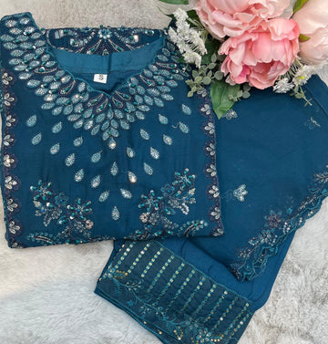 Teal 3Pc Embroidered Chiffon Collection With Embroidered Chiffon Dupatta Regular price