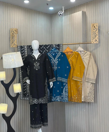 MUSTARD 3 PC DESIGNER | EMBROIDERED PATCH WORK KHADDAR | WITH SHAWL SUIT