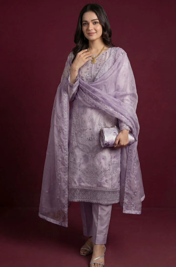 Lilac 3-Piece Stitched | Luxury Fancy Embroidered Organza Suit with |Complimentary Clutch