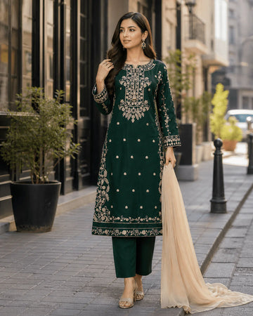 BOTTEL GREEN WITH SKIN EMBROIDERY | LINEN READY TO WEAR SUIT WITH | CHIFFON DUPATTA