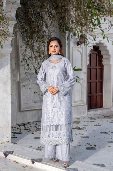 Gray Embroidered Plazoo Linen Mother & Daughter Ready to Wear Collection - Perfect for Family