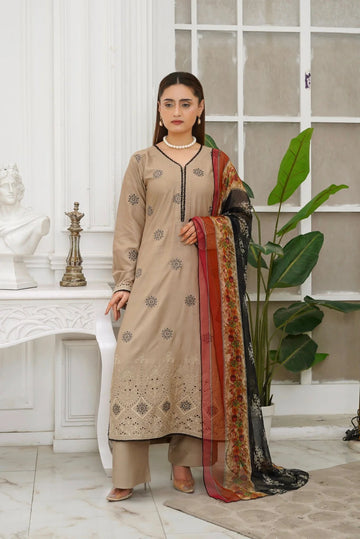 BEIGE EMBROIDERED | LINEN READY TO WEAR | SUIT WITH EMBROIDERED CHIFFON DUPATTA