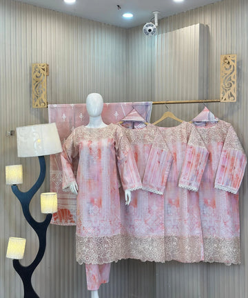 PINK 3 PC DESIGNER | EMBROIDERED PATCH WORK KHADDAR | WITH SHAWL SUIT