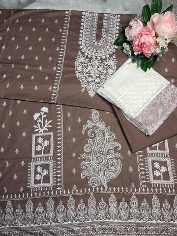 D-787 Light Brown Embroidered Unstitched Cotton Suit