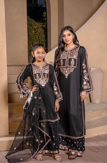 Black Embroidered Plazoo Linen Mother & Daughter Ready to Wear Collection - Perfect for Famil