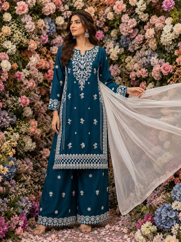TEAL READY |TO WEAR EMBROIDERED LINEN PLAZZO SUIT WITH | PLAIN CHIFFON DUPATTA Regular price