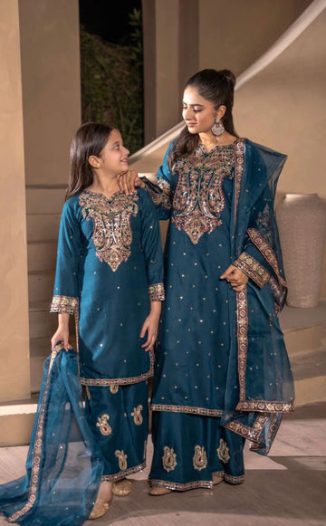 Teal Embroidered Plazoo Linen Mother & Daughter Ready to Wear Collection - Perfect for Family Regular priceSale price