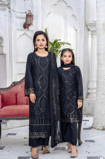 Black Embroidered Plazoo Linen Mother & Daughter Ready to Wear Collection - Perfect for Family