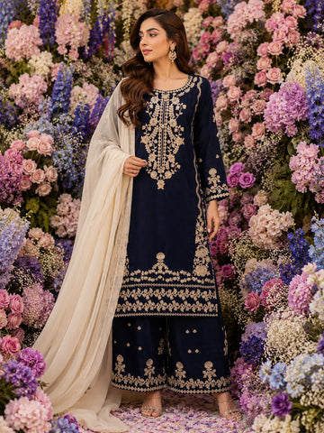 BLUE READY |TO WEAR EMBROIDERED LINEN PLAZZO SUIT WITH | PLAIN CHIFFON DUPATTA