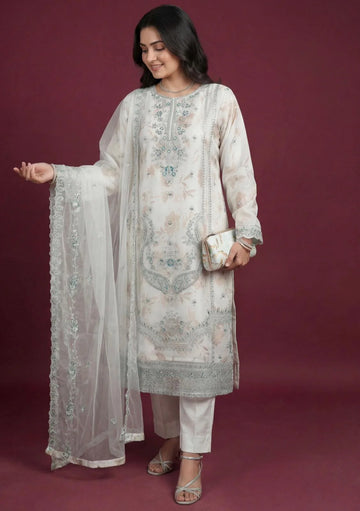 Mint Green3-Piece Stitched | Luxury Fancy Embroidered Organza Suit with |Complimentary Clutch