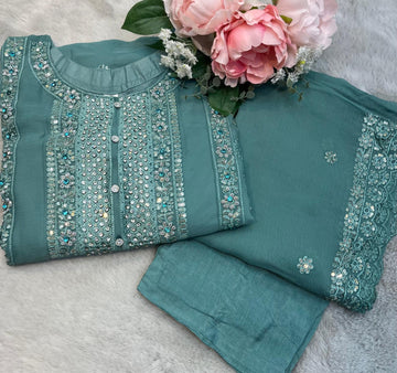 Mint Green 3Pc Embroidered Chiffon Collection With Embroidered Chiffon Dupatta Regular price