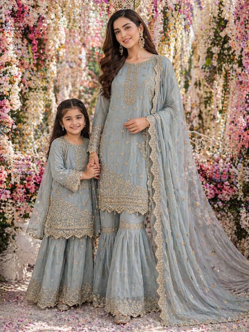 Gray Embroidered | Chiffon Mother & Daughter Ready | to Wear Collection