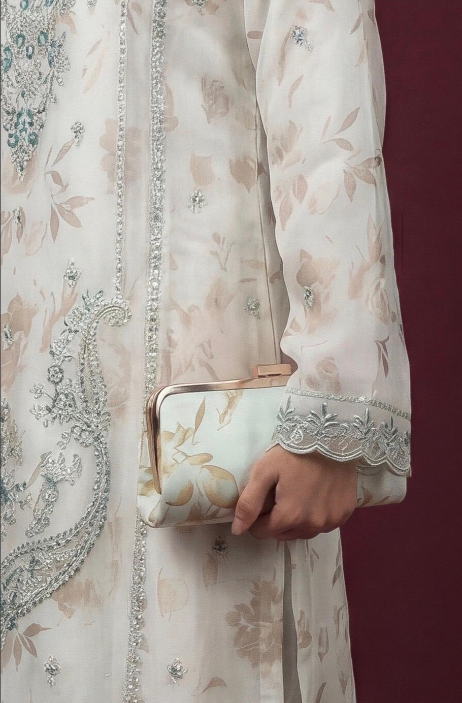 Mint Green3-Piece Stitched | Luxury Fancy Embroidered Organza Suit with |Complimentary Clutch