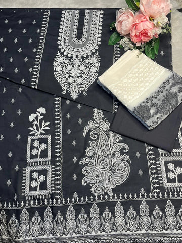 D-787 Black Embroidered Unstitched Cotton Suit