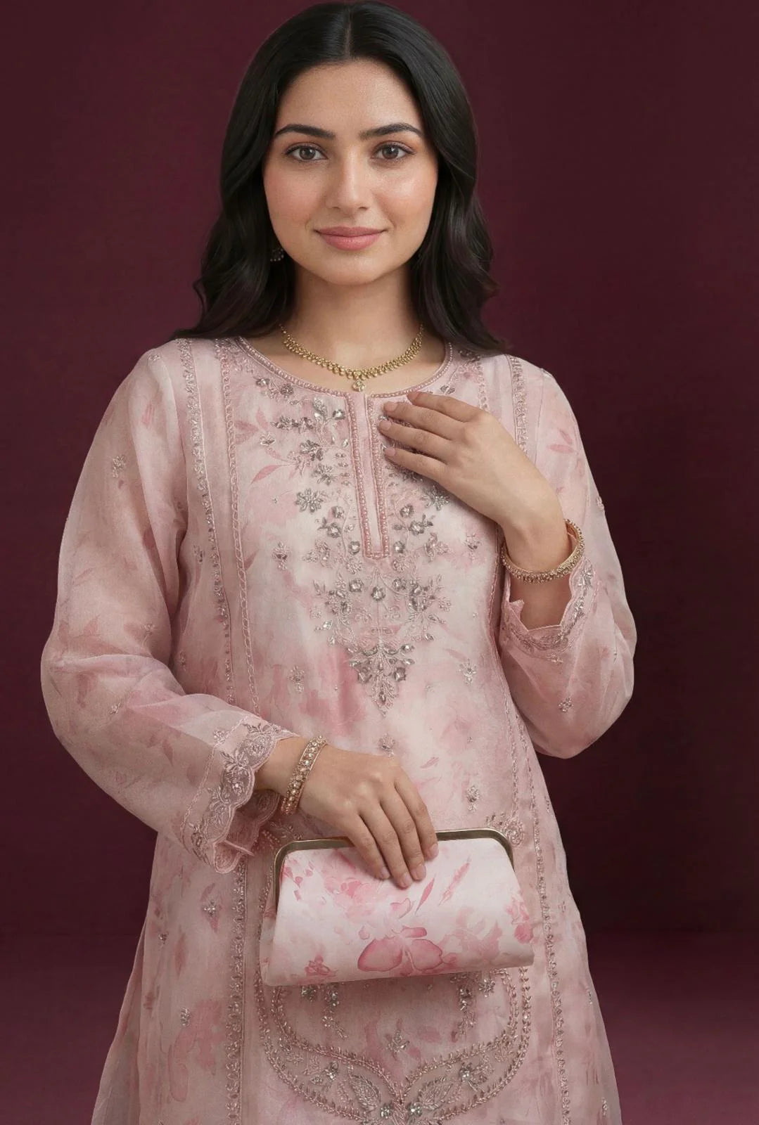 Pink 3-Piece Stitched | Luxury Fancy Embroidered Organza Suit with |Complimentary Clutch