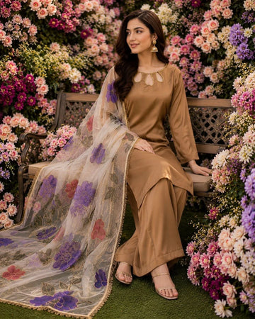 Light Brown 3 Piece Silk Plazzo Suit With Gultair Dupatta Regular price