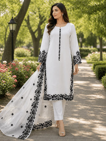 WHITE WITH BLACK EMBROIDERY | LINEN READY TO WEAR SUIT WITH | EMBROIDERED ORGANZA DUPATTA