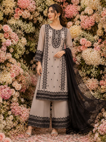 BEIGE GREY|TO WEAR EMBROIDERED LINEN PLAZZO SUIT WITH | PLAIN CHIFFON DUPATTA