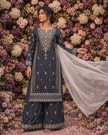 GRAY READY |TO WEAR EMBROIDERED LINEN PLAZZO SUIT WITH | PLAIN CHIFFON DUPATTA