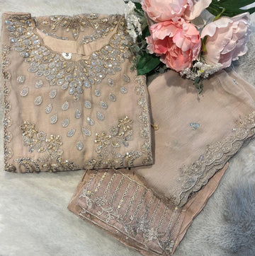 Beige 3Pc Embroidered Chiffon Collection With Embroidered Chiffon Dupatta Regular price