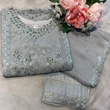 Mint Green 3Pc Embroidered Chiffon Collection With Embroidered Chiffon Dupatta