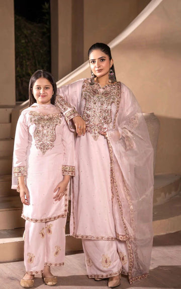 Baby Pink Embroidered Plazoo Linen Mother & Daughter Ready to Wear Collection - Perfect for Family