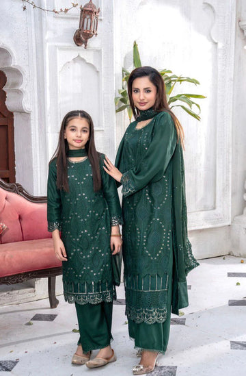 Bottle Green Embroidered Plazoo Linen Mother & Daughter Ready to Wear Collection - Perfect for Family