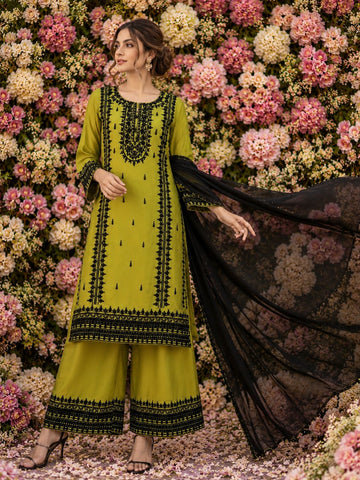 GREEN READY |TO WEAR EMBROIDERED LINEN PLAZZO SUIT WITH | PLAIN CHIFFON DUPATTA