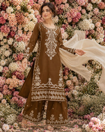 BROWN READY |TO WEAR EMBROIDERED LINEN PLAZZO SUIT WITH | PLAIN CHIFFON DUPATTA
