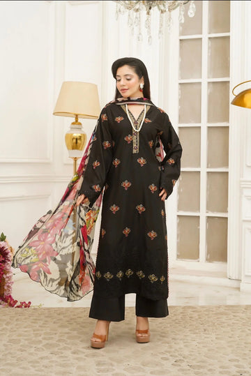BLACK EMBROIDERED | LINEN READY TO WEAR | SUIT WITH EMBROIDERED CHIFFON DUPATTA