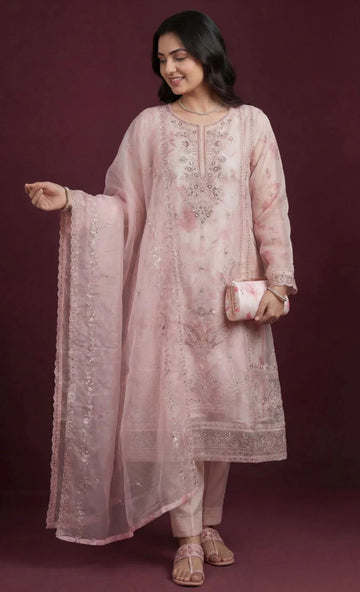 Pink 3-Piece Stitched | Luxury Fancy Embroidered Organza Suit with |Complimentary Clutch