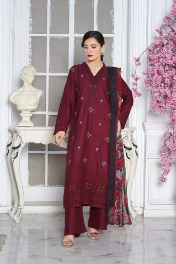 MAROON EMBROIDERED | LINEN READY TO WEAR | SUIT WITH EMBROIDERED CHIFFON DUPATTA